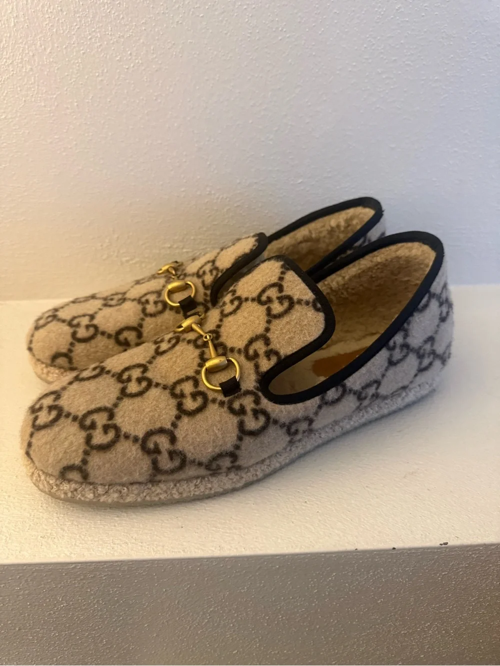 Gucci Beige & Black GG Wool Horsebit Slip-On Loafers